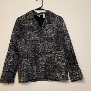 Chicos Design Jacket Womens Black White Denim Button Down Long Sleeve